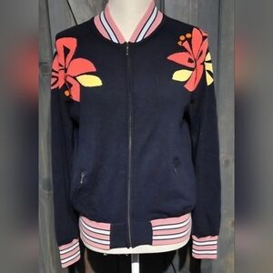 Chinti & Parker Navy Blue Floral Cashmere Zip Cardigan Size S